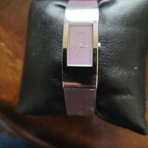 GUESS Silver-Tone Bracelet Watch with Purple Dial and Strap